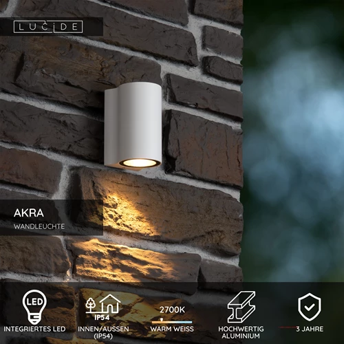 Lucide AKRA - Wandleuchte Innen/Außen - LED - 1x6W 2700K - IP54 - Weiß - USP